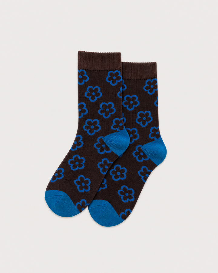 Mocha Blue Flower Cotton Socks