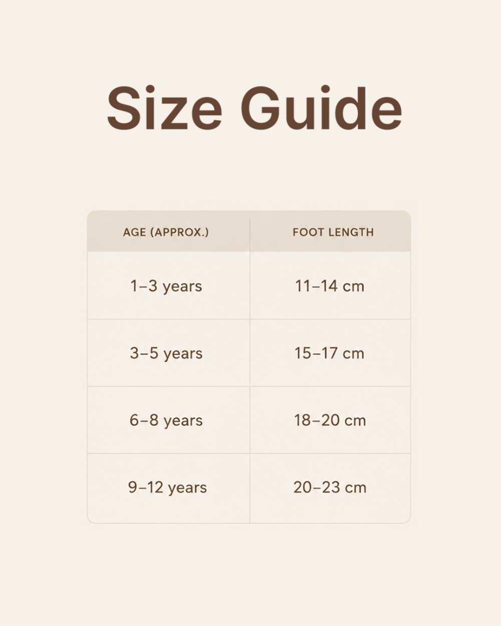Tisofu kids socks size guide showing age and foot length